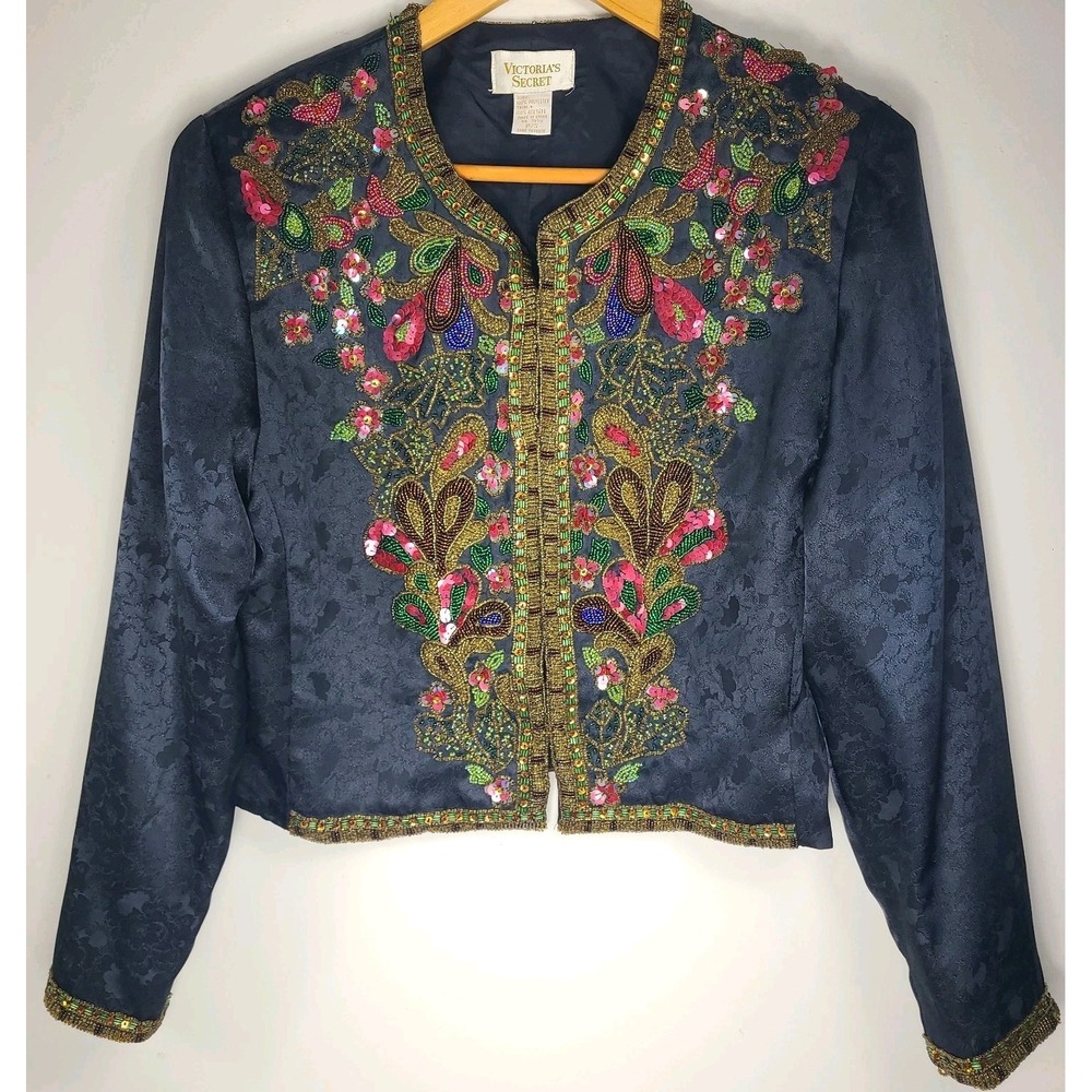 Vintage Victoria's Secret Beaded Cropped Black Jacket Sz  SP Floral RARE